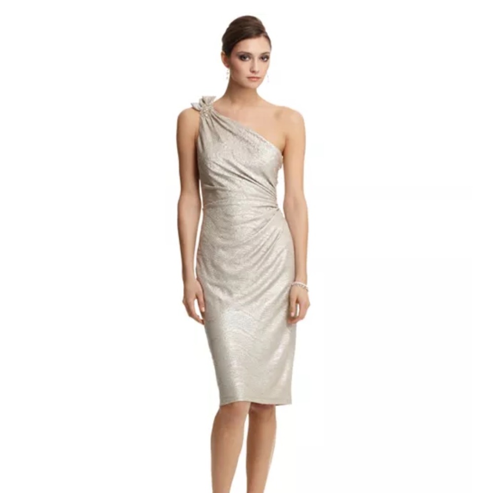 David‎ Meister One Shoulder Gold Metallic Dress 6